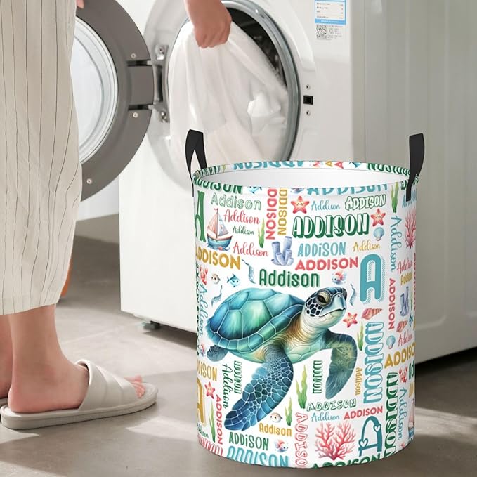 Personalized Turtle Laundry Basket For Baby Kids Boys Girls Adult Custom Hamper Basket With Name For Bathroom Bedrooms Collapsible Baby Laundry Basket, Dirty Clothes Hamper With Handles