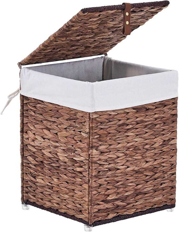 Mini Handwoven Laundry Basket with Lid, Natural Water Hyacinth Storage Basket with Handle, Removable Cotton Liner, Durable and Stylish for Bedroom, Bathroom, Laundry Room