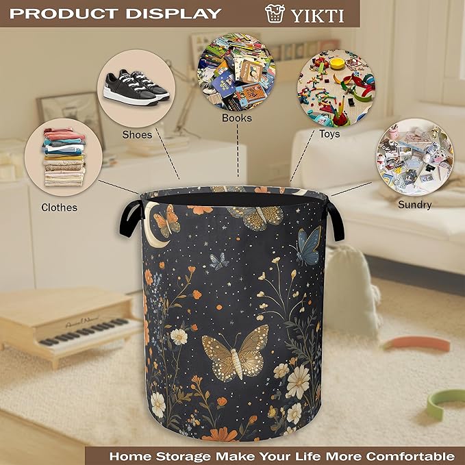 Rustic Wildflower Butterfly Laundry Hamper,Gothic Garden Moon Collapsible Laundry Baskets,Waterproof Oxford Cloth Laundry Room Organization for Bedroom,Bathroom,Nursery,16x20 Inch