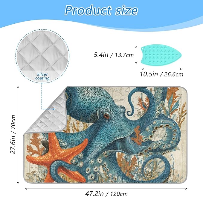 Ironing Mat Pad for Table Portable Travel Iron Blanket Ironing Board Covers Pressing Mat Heat Press Pads 27.6x47.2 Inches Retro Octopus Starfish Map Beige34