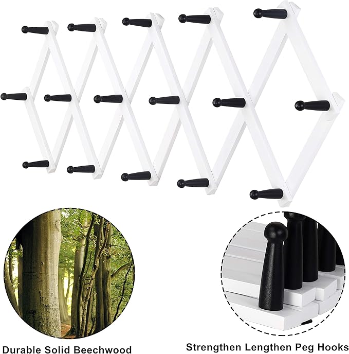 Dseap Accordian Wall Hanger: 16” High Wooden Wall Expandable Coat Rack, Hat Rack Holder, Accordion Hook for Baseball Caps, Coats, Mugs, 16 Peg Hooks, White & Black