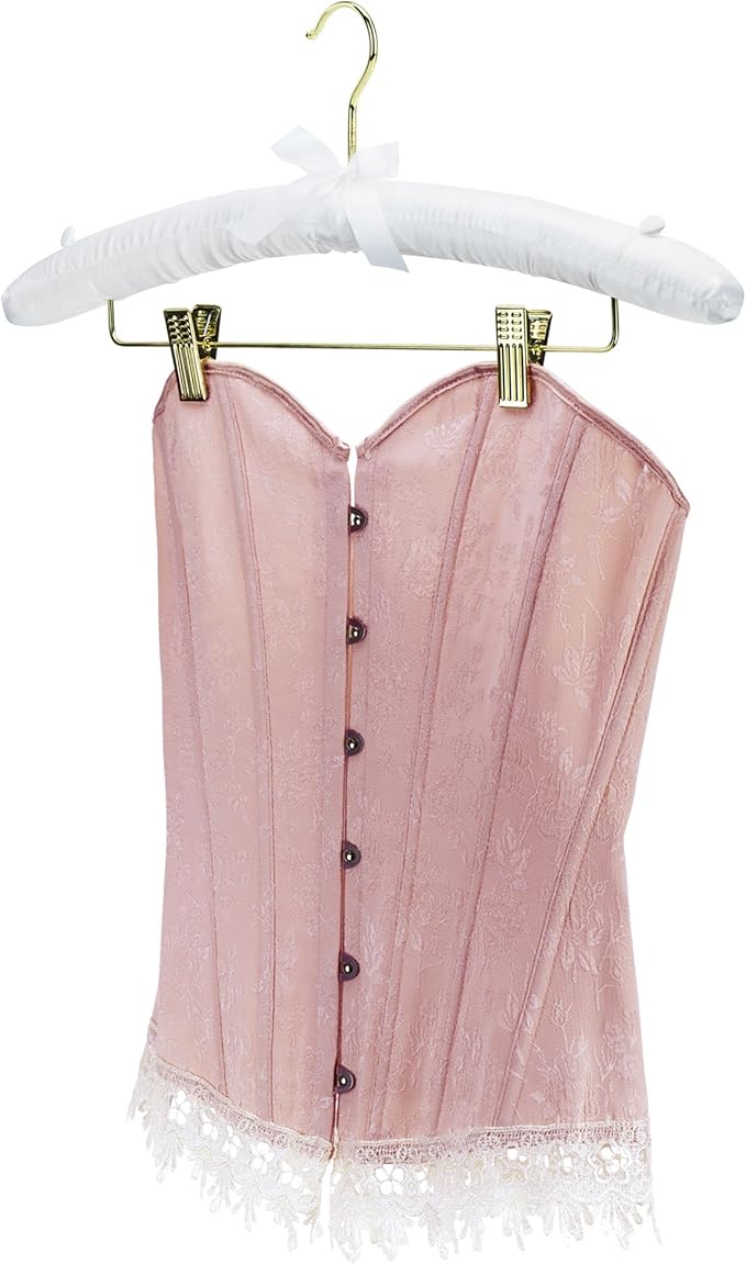 HANGERWORLD Pack of 5 White Satin Padded Hangers with Clips for Skirts, Pants & Sweaters with Non-Slip Buttons, Pretty Hanger for Women Clothing - 17 Inch