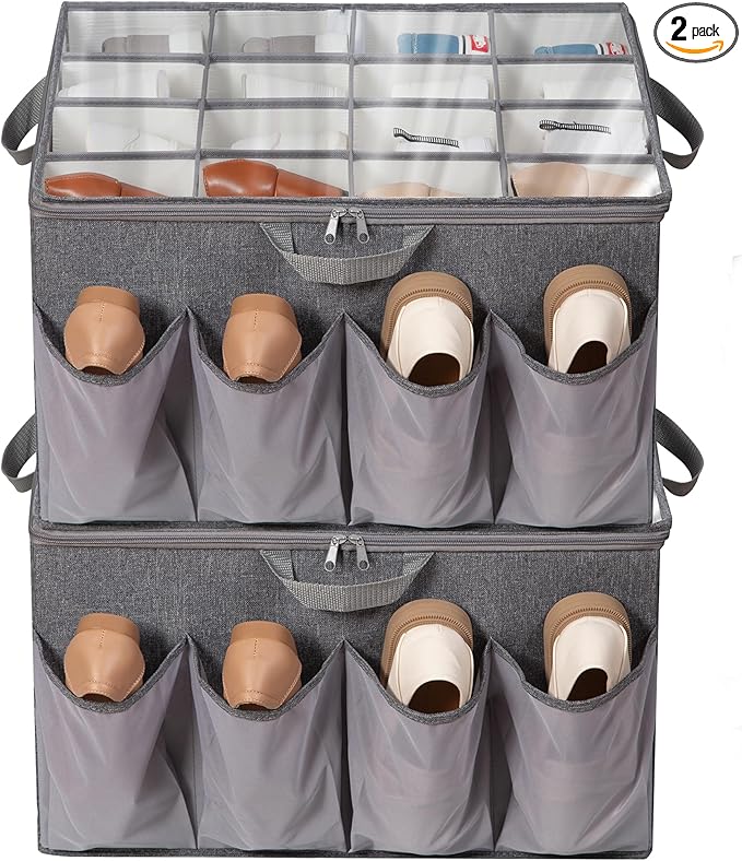 Shoe Organizer for Closet, Shoe Storage Solution with Clear Cover & Adjustable Dividers, Fabric Shoe Box Fits 16 +8 Pairs Shoes, Grey, 2-Pack