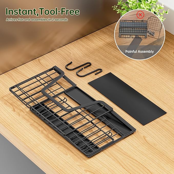 2 Pack Heavy Duty No Assembly Magnetic Basket, Large Capacity Collapsible Black Metal Wire Magnetic Shelf for Fridge Fruit Potato, Magnetic Laundry Organizer with S Hooks