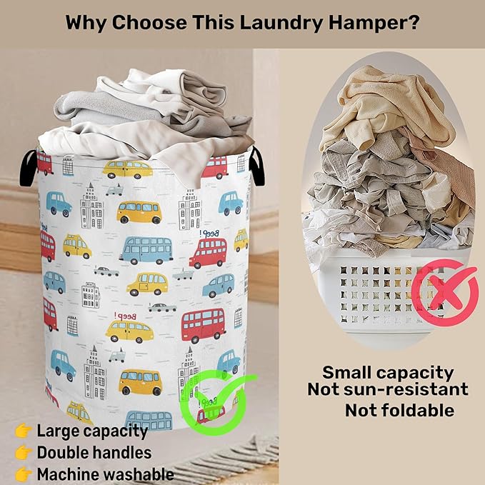 Laundry Basket, Cartoon Vehicles Foldable Canvas Toy Organizer with Handles, Heavy Duty for Home, Bedroom, Dorm, Bathroom, Large Storage Basket Home Decoration