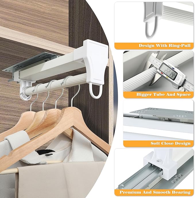 Alise 12 Inch Pull Out Clothes Hanger Rack for Closet,Heavy Duty Closet Rod with Automatic Soft-Close Mechanism for Closets,Closet Pull Out Metal Rod Organizer Hangers for Coats Pants Hangers,White