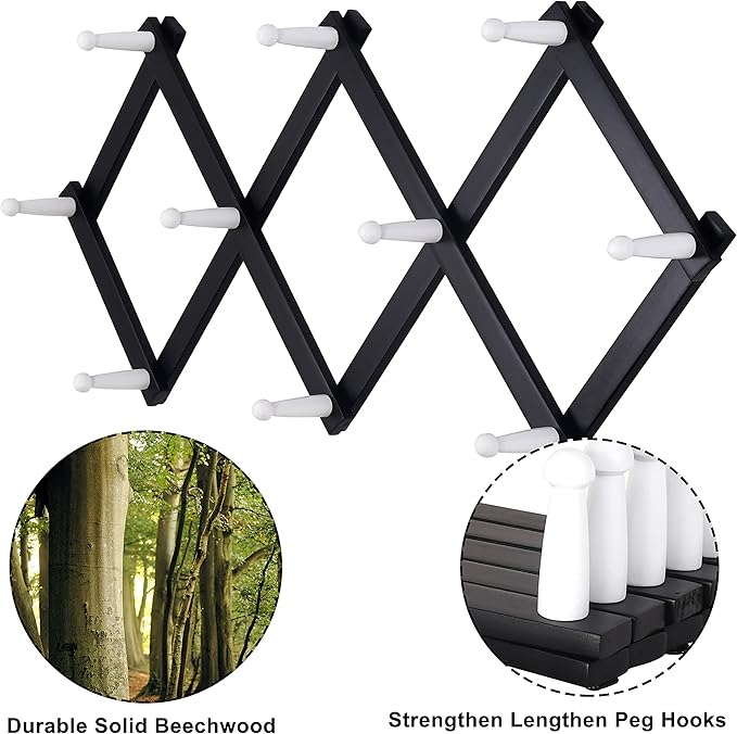 Dseap Accordian Wall Hanger: 16” High Wooden Wall Expandable Coat Rack, Hat Rack Holder, Accordion Hook for Baseball Caps, Coats, Mugs, 10 Peg Hooks, Black & White