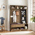 All-in-One Design Hall Tree with Removable Linen Cushioned, Entryway Bench, Coat Rack, Storage Shelves, DIY Pegboard, 4 Hooks, Multi-Purpose Hall Tree for Hallways Living Room