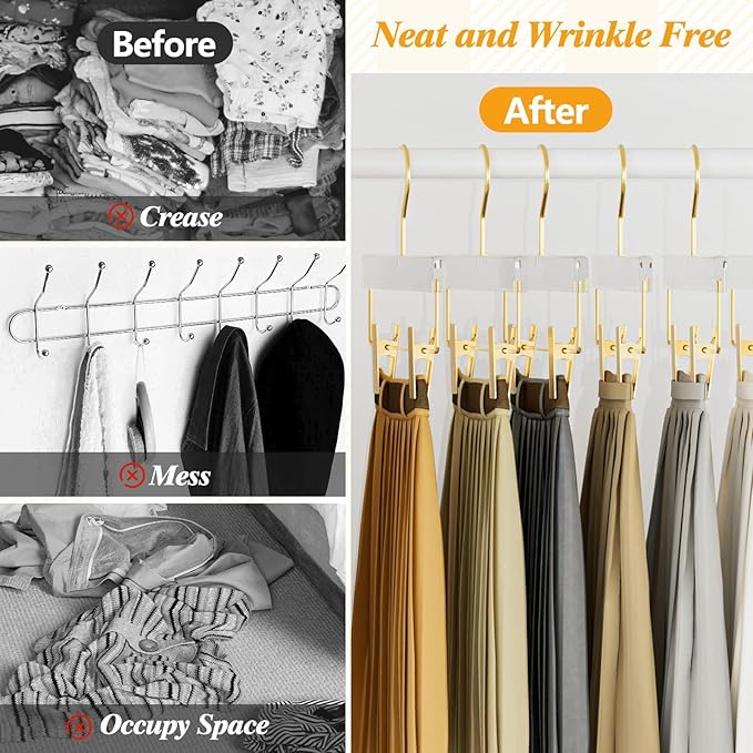 Acrylic Gold Pants Hangers 30 Pack for Trousers, Jeans, Coats, Heavy Duty Skirt Hangers for Women, Space-Saving Clothes Organizer with Non-Slip Adjustable Clips, Adults & Kids