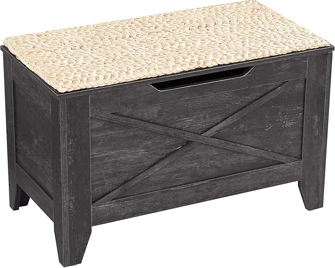VECELO 30" Storage Bench, Entryway Shoe Ottoman, Farmhouse Style Bench with Handwoven Cushion and Metal Safety Hinges, for Bedroom, Living Room, Entryway, Gray