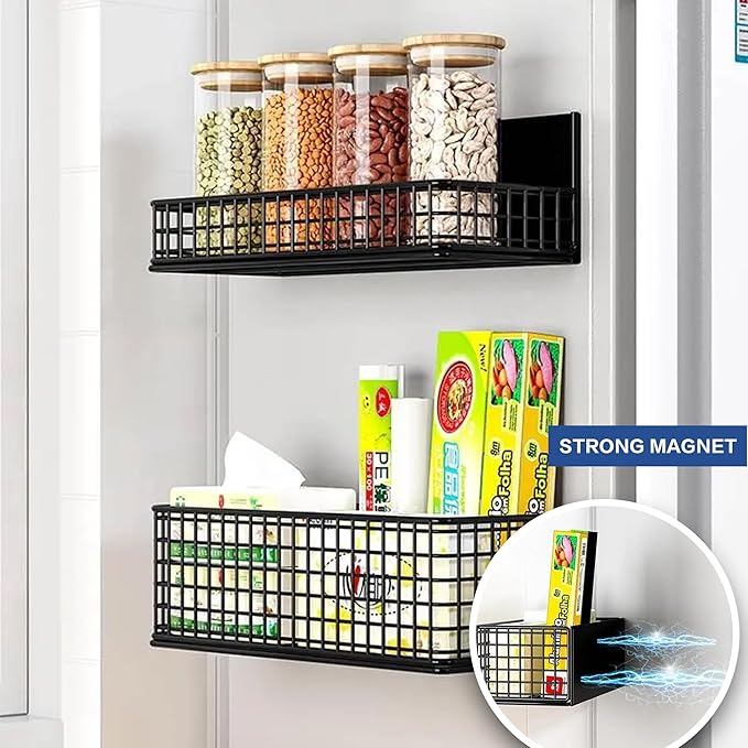 Magnetic Basket Fridge Large Magnetic Pen Holder Whiteboard Metal Wire Basket Storage Item Organizer (Black-Low)