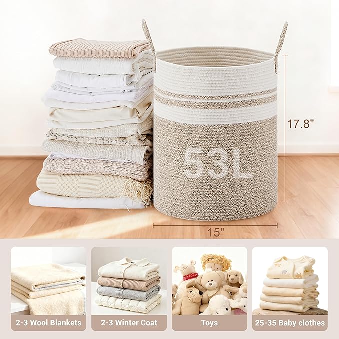 Tall Laundry Basket with Handles, 53L Portable Dirty Clothes Hamper, Boho Cotton Rope Storage Bin for Blankets Kids Toys Gifts, Decorative Organizer for Nursery Bedroom Bathroom, New Brown