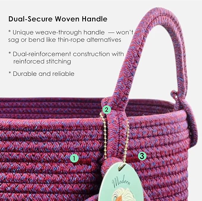 Modern Granny Extra Large Cotton Rope Laundry Hamper 16x22 Inch Dual Secure Woven Handle for Living Room Closet Clothes Blanket Organization