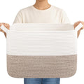 OIAHOMY Woven Storage Basket for Shelves, Rectangle Cotton Rope Baskets for Organizing, 16.5 x 13 x 10 in, Storage Bins for Dog Toys,Towel,Books,Gift,Brown and White
