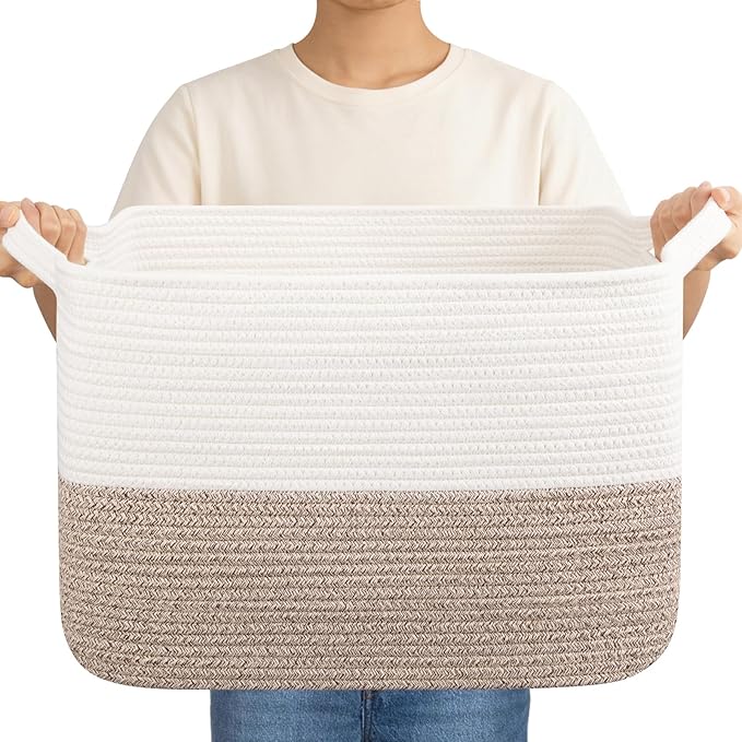 OIAHOMY Woven Storage Basket for Shelves, Rectangle Cotton Rope Baskets for Organizing, 16.5 x 13 x 10 in, Storage Bins for Dog Toys,Towel,Books,Gift,Brown and White
