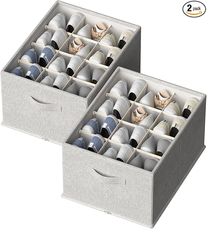 FHSQX 2 Pack Shoe Organizer for Closet,Foldable Shoe Organizer,Fits up to 24 Pairs,Storage Containers With Bottom Support for Shoes