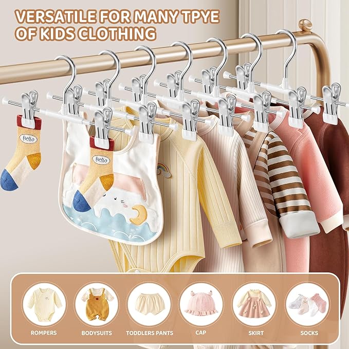 HUADYMEET 30 Pack Baby Pants Skirt Hangers,Non-Slip Space Saving Clothes Hangers with Clips for Kids,Children,Toddler,Jeans Trousers Shorts Metal Hanger for Closet Organization,Women,Men10inch(White)