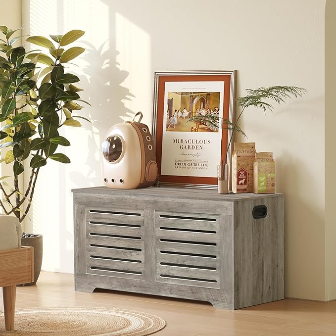 DINZI LVJ Storage Chest, Flip-Top Wooden Toy Box with 2 Safety Hinges, Retro Entryway Shoe Bench, Sturdy Large Storage Trunk for Living Room, Bedroom, Toddler Room, Easy Assembly, Gray Wash