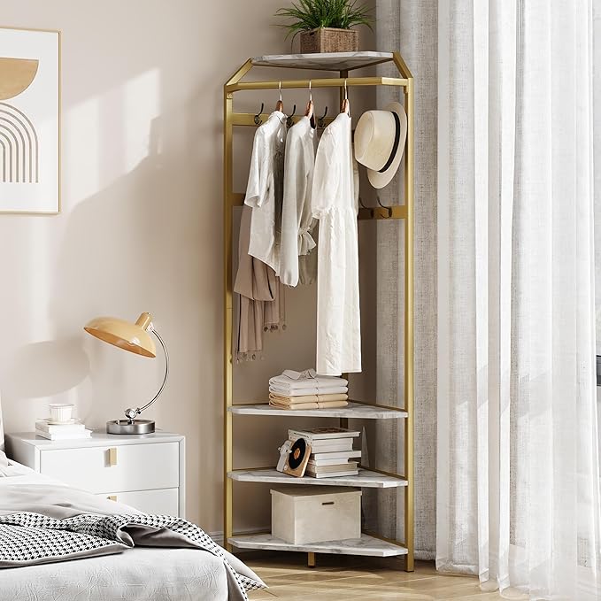 GarveeHome Corner Coat Rack With Shoe Bench Entryway, Corner Hall Tree With 6 Double Hooks, Clothes Rack With Storage Hall Tree With Organizer Shoe Bench Shelf (Gold 02, 20 * 20 * 71 in)