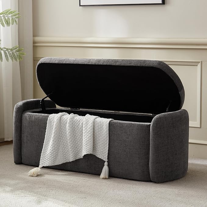 VKNOW Oval Storage Ottoman Bench, 46" Upholstered End of Bed Bench Ottomans Bench Foot Rest, Sherpa Storage Bench for Bedroom, Living Room and Hallway, Dark Grey