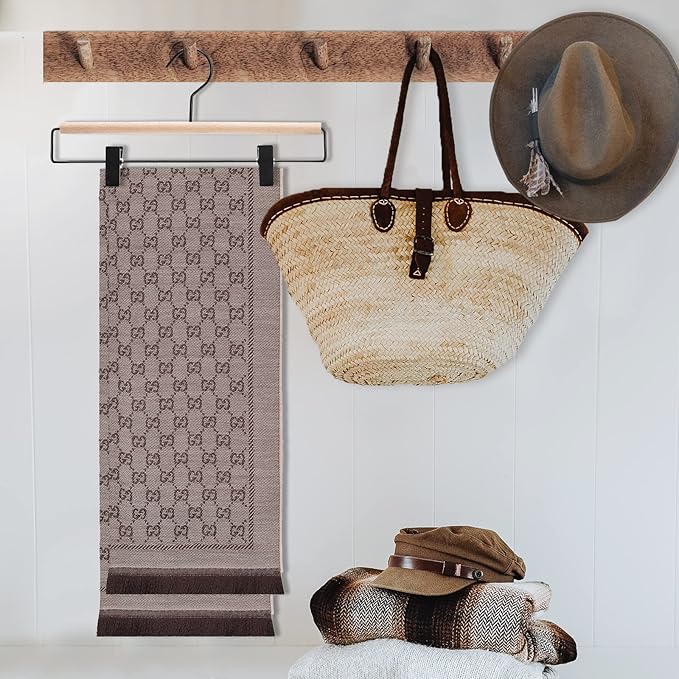 Nature Smile Beech Wooden Pants Skirt Hanger for Jeans Bottom Trousers with 2-Adjustable Black Matt Clips and Hook 10 Pack (Natural Wood+Black Metal)