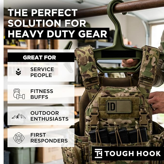 Tough Hook Original ID Heavy Duty Hangers – The Superhero of Hangers USA Made, Anti-Slip Tactical Hanger for Police Gear, Scuba Gear & Dive BCD – 200-lb Cap Wetsuit Hanger with ID Strip,1 Pack Foliage