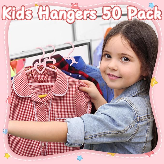 Pink Heart Baby Hangers 50 Pack Plastic Baby Clothes Hangers with Clips Non-Slip Laundry Kids Infant Hanger for Newborn Toddler Clothes, Stackable Space Saving