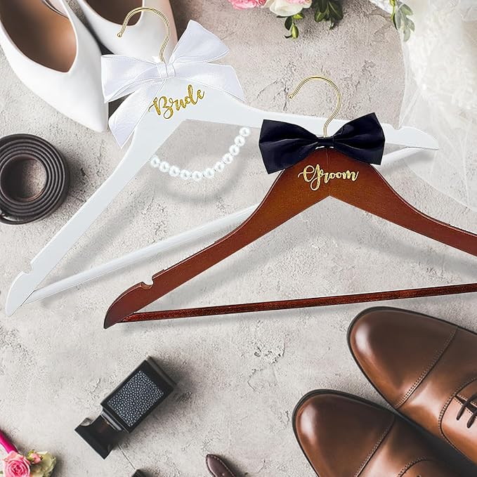 2 Pack Bride and Groom Wedding Hanger Set, Bridal Wedding Dress Hanger with Bow Tie & Pearls for Wedding Gift Bridal Party & Shower