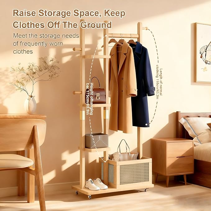 Solid Wood Coat Rack Clothing Rack with Wheels, Clothes Rack Freestanding with Storage, Heavy Duty Garment Rolling Rack Hall Tree with 4 Shelves & 4 Hooks for Entryway Hallway Office