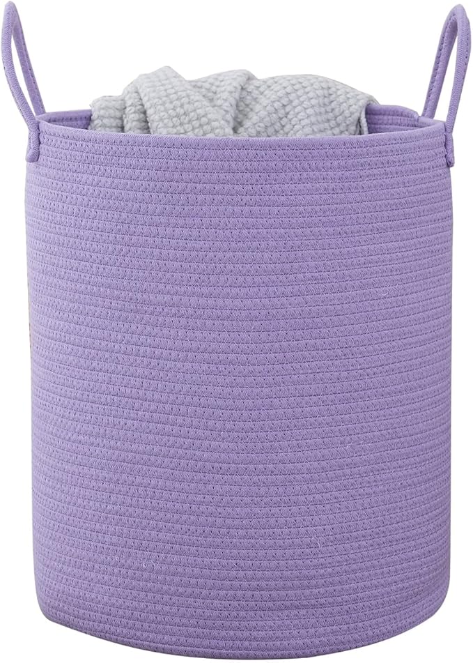 Woven Basket Nursery Laundry Hamper with Handles, Clothes Storage Organizer, Woven Basket for Boy Room Decor, Toy & Blanket Storage Bin, 15x15x18 Inch,Purple,1pc