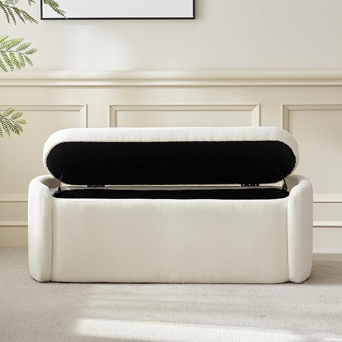 VKNOW Storage Ottoman Bench, 46" Upholstered Oval End of Bed Bench Ottomans Bench Foot Rest, Sherpa Storage Bench for Bedroom, Living Room and Hallway, Beige