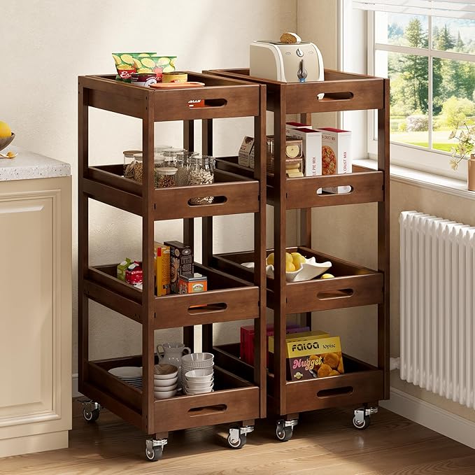 Solid Wood Storage Cart Set of 2, 4-Tier Slim Kitchen Rolling Cart with Wheels, Narrow Mobile Utility Organizer Shelving Unit for Small Space, Living Room, Dining Room, Laundry, Walnut