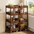 Solid Wood Storage Cart Set of 2, 4-Tier Slim Kitchen Rolling Cart with Wheels, Narrow Mobile Utility Organizer Shelving Unit for Small Space, Living Room, Dining Room, Laundry, Walnut