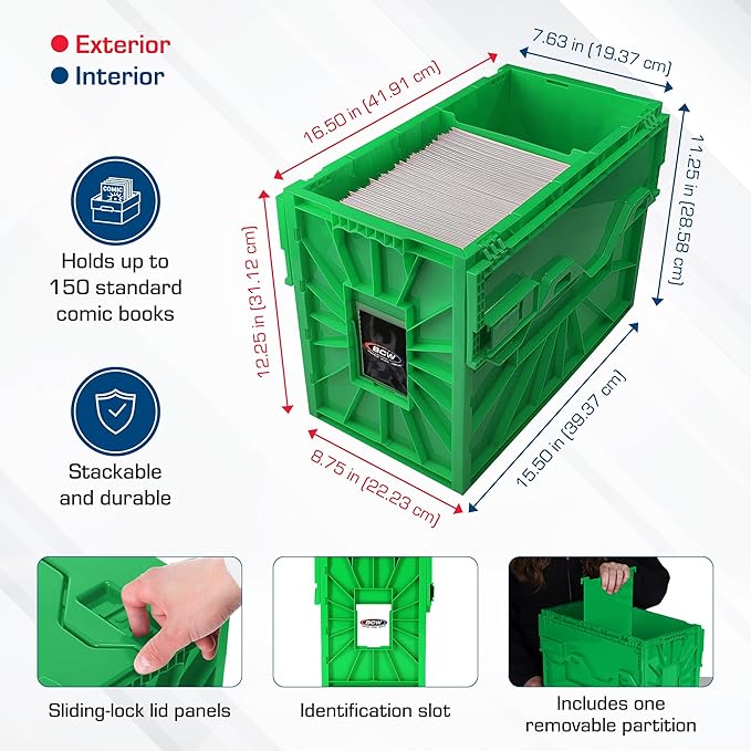 BCW Short Comic Book Bin | Holds 150 Comics | Stackable Plastic Storage | Acid-Free Organizer | Green, 2 Pack