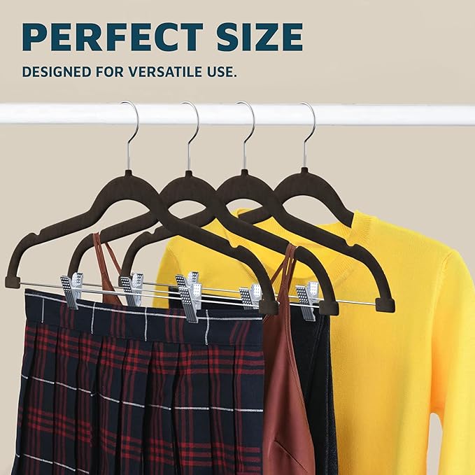 Lifemaster Velvet Skirt Hangers – with Adjustable Clips, 360 Degree Swivel Hook, and Non-Slip Shoulder Notch, Holds Up to 10 lbs, for Organizing Skirt, Pants, Dress, and Clothes, Pack of 10, Brown