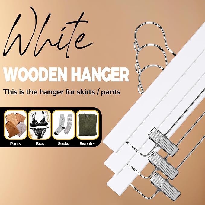 Quality Hangers Wooden Pants Hangers - 10-Pack Swivel Hook Cloth Hanger Set - Lotus Wood Skirt, Pant, Shorts and Slack Hangers with Adjustable Clip – White Clothing Hanger (White, 10)