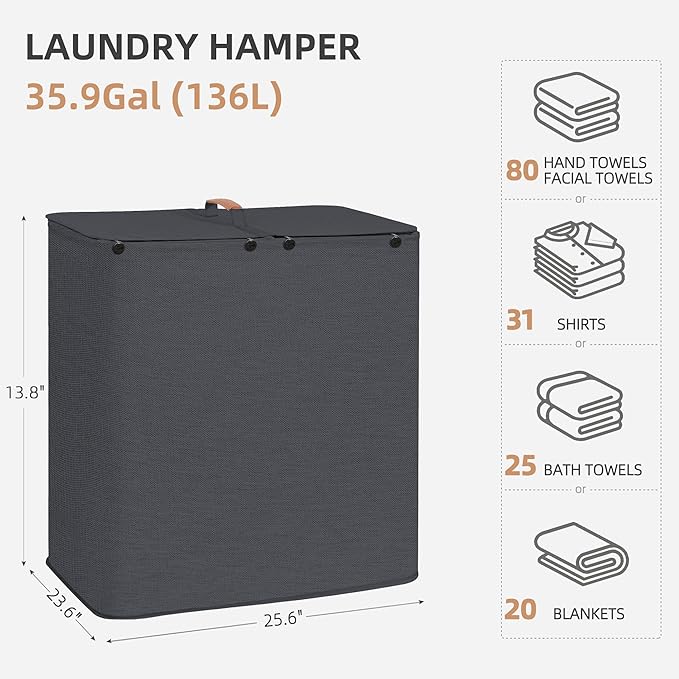 STORAGE MANIAC Double Laundry Hamper, 136L Laundry Sorter with Lid and Removable Bags, Clothes Hamper, Large 2 Section Clothes Basket with Handles for Small Space, Dorm, Closet, Bathroom, Black