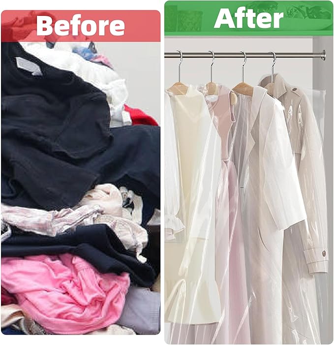 12 Pack Clear Plastic Garment Bags for Hanging Clothes, Dry Cleaning Bags 60x150 cm, Dust-Proof Clothing Protector Covers for Home Storage Travel Dry Cleaner