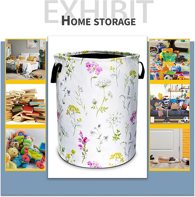 Colorful Flowers Laundry Basket Floral Foldable Oxford Cloth Funny Tote Bag Laundry Hamper Clothes Storage Bucket Toy Organizer For Bathroom/Laundry Storage/Bedroom 18.9x16.5 In Gift