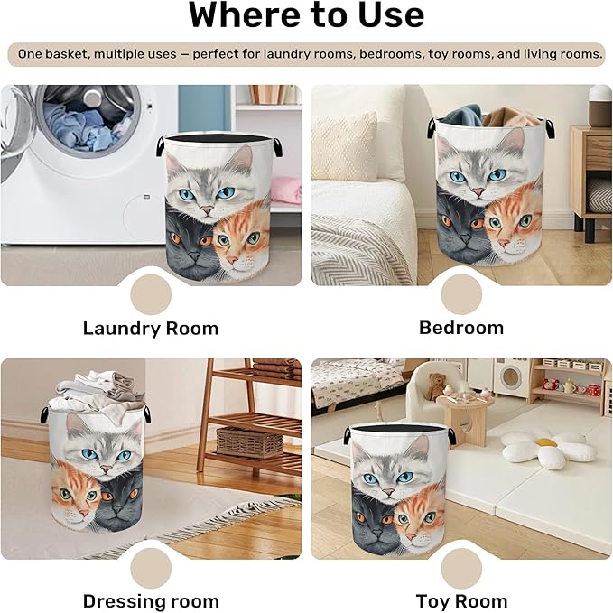 Cat Laundry Basket - Laundry Basket with Handles, Dirty Clothes Storage Basket for Women Girls, Cloth Storage Basket for Bedroom, Bathroom