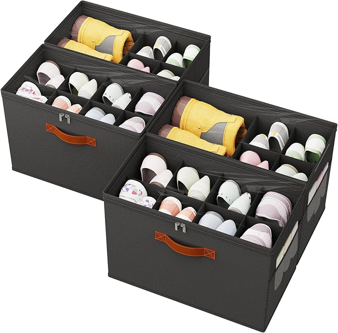 4 Pack Shoe Organizer for Closet,Foldable Shoe Storage Organizer with Adjustable Dividers, Shoe Storage Box with Clear Cover, Fits up to 16 Pairs, Black