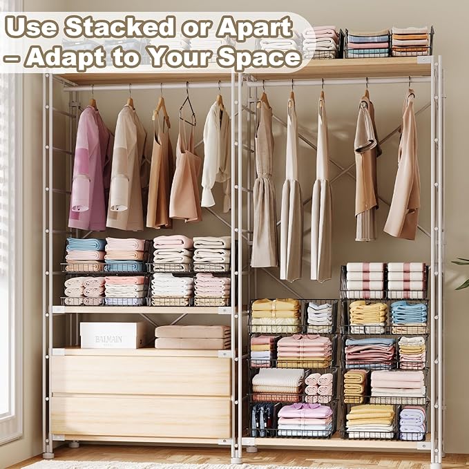3-Tier Stackable Closet Organizers and Storage, Metal Wire Closet Shelves, Space-Saving Closet Organizer with Adjustable Dividers for Bedroom, Cabinet & Laundry Room