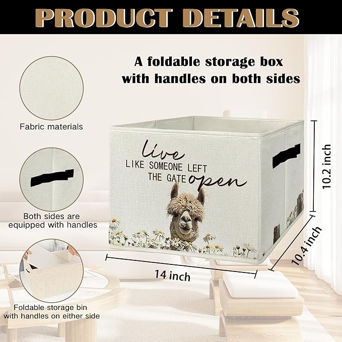 Rustic Alpaca Storage Bins & Boxes with Handles, Farmhouse Alpaca Foldable Basket for Organizing, Live Like Someone Left the Gate Open Collapsible Storage Basket for Bedroom Bathroom Clothes