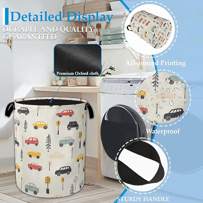 Cartoon Car Laundry Basket Collapsible Laundry Hamper Oxford Clothes Toy Storage Bin for Bathroom Bedroom Room Decor 16 X 20.8 Inch