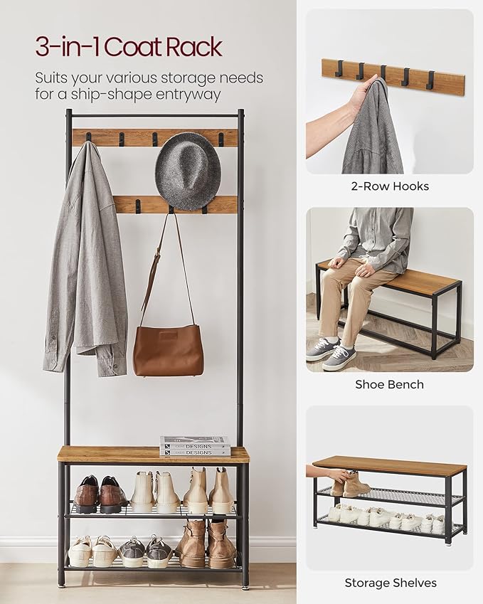 VASAGLE Coat Rack, Hall Tree with Shoe Storage Bench, Entryway Bench with Shoe Storage, 3-in-1, Steel Frame, for Entryway, 12.6 x 27.6 x 68.9 Inches, Industrial, Rustic Walnut and Black UHSR041B41