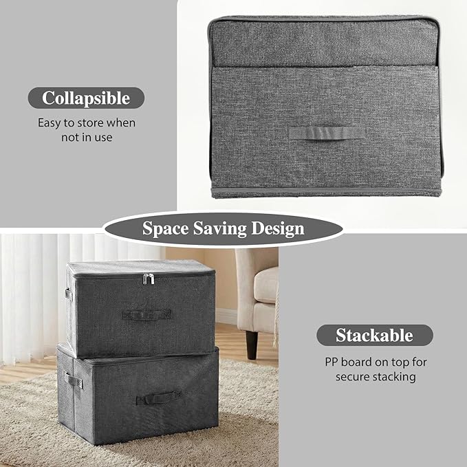ANMINY Storage Bins with Zipper Lids 51.9 Qt Lidded Fabric Storage Boxes Baskets Cubes with Handles Collapsible Washable Cotton Linen Closet Shelf Clothes Organizer - Gray, Extra Large