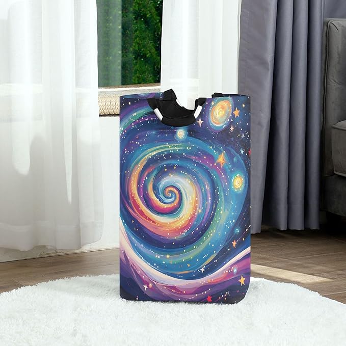 xigua Milky Way Galaxy Large Laundry Hamper with Handle, Foldable Clothes Hamper Collapsible Storage Basket for Toys and Clothes Organization in Bedroom, Bathroom, and Laundry Room