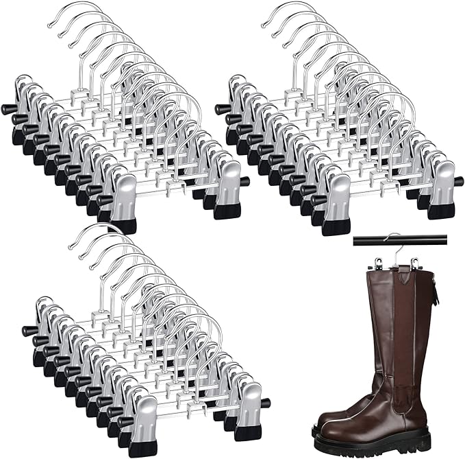 Yinkin 30 Pcs Steel Boot Hangers with 2 Adjustable Clips Multifunctional Hangers Travel Portable Hanging Clips Heavy Duty Clothespins Bulk Boot Organizer for Handbags Clothes Laundry Home Socks Hat