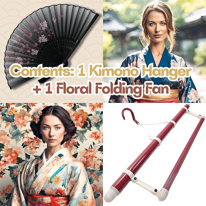 Japanese Kimono Hanger for Artistic Display - with Floral Folding Fan