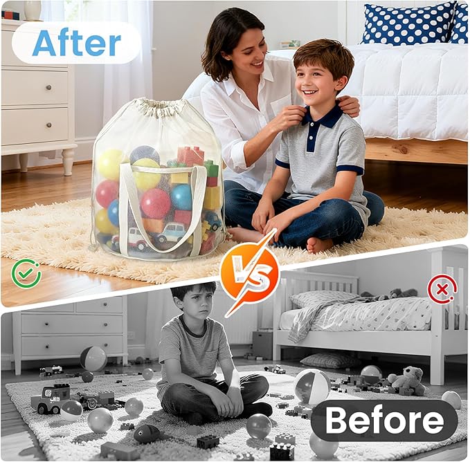 2 Pack Large Mesh Toy Storage Bags,Heavy Duty Mesh Bag with Drawstring, Durable & Breathable for Toys, Laundry, Pool & Beach Accessories, Home & Travel Organization